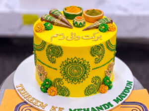 Yellow Green Mehndi Drum Cake in Lahore