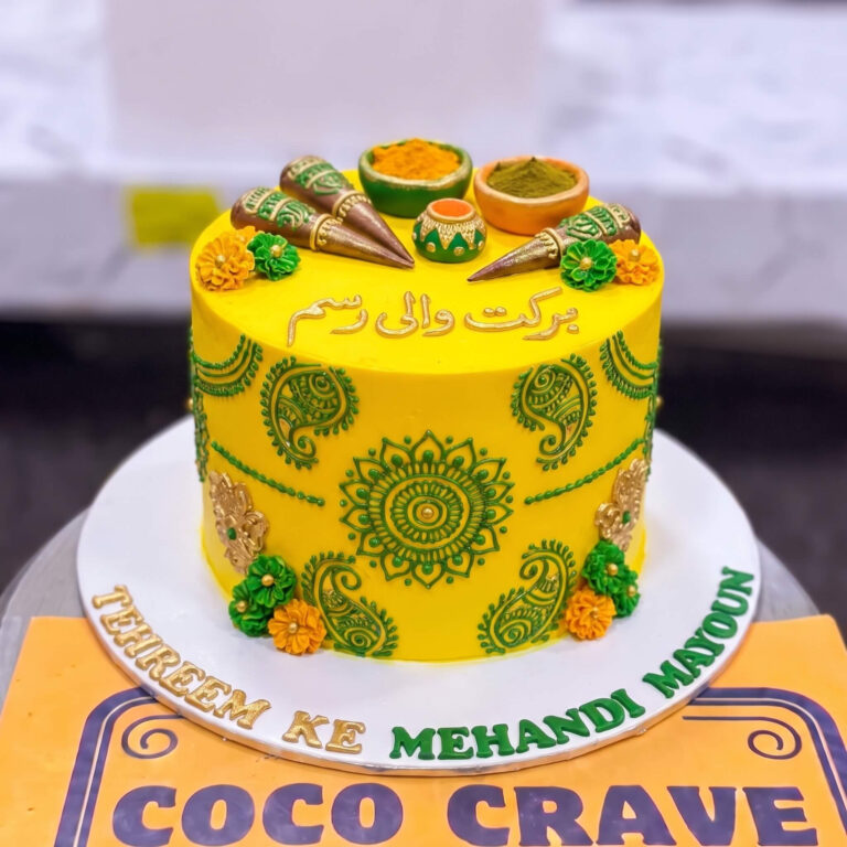 Yellow Green Mehndi Drum Cake in Lahore