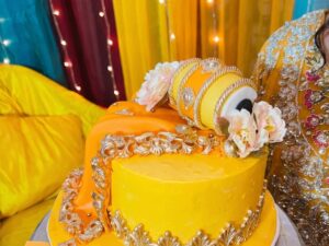 Yellow Mayoun Cake with Gold Lace in Lahore