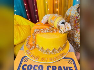 Yellow Mayoun Cake with Gold Lace in Lahore