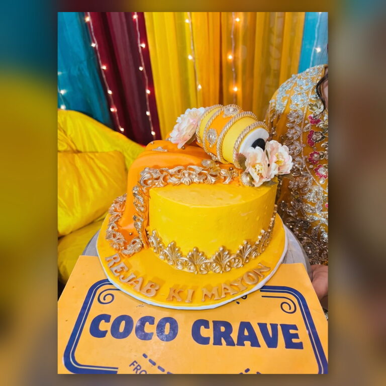Yellow Mayoun Cake with Gold Lace in Lahore