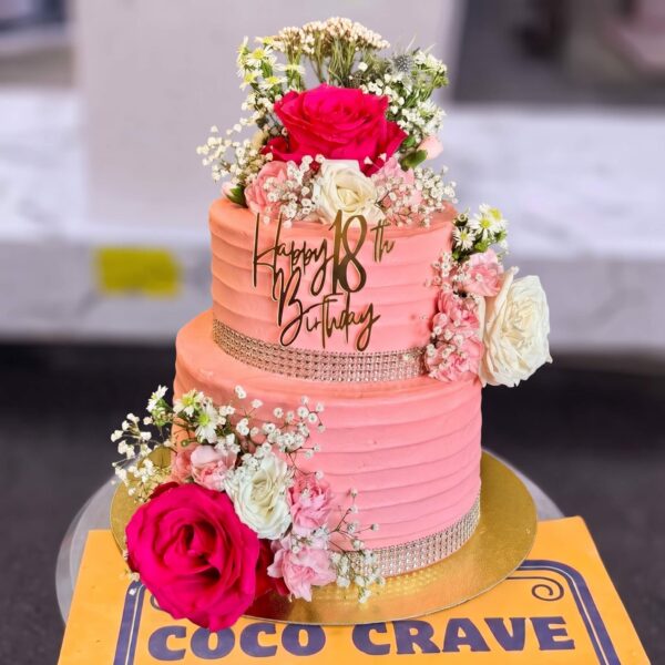 Blush Rose Fresh Floral Two Tier Birthday Cake in Lahore