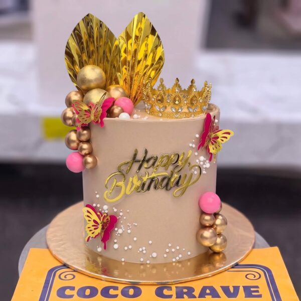 Gold Crown and Butterfly Birthday Cake in Lahore