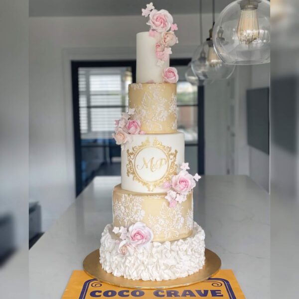 Gold Lace Monogram Five Tier Floral Cake in Lahore