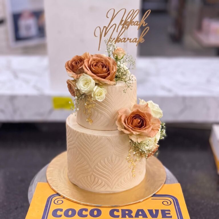 Ivory & Gold Rose Fresh Flower Two Tier Nikkah Cake in Lahore