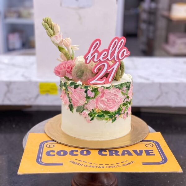 Pink Painted Floral 21st Birthday Cake in Lahore