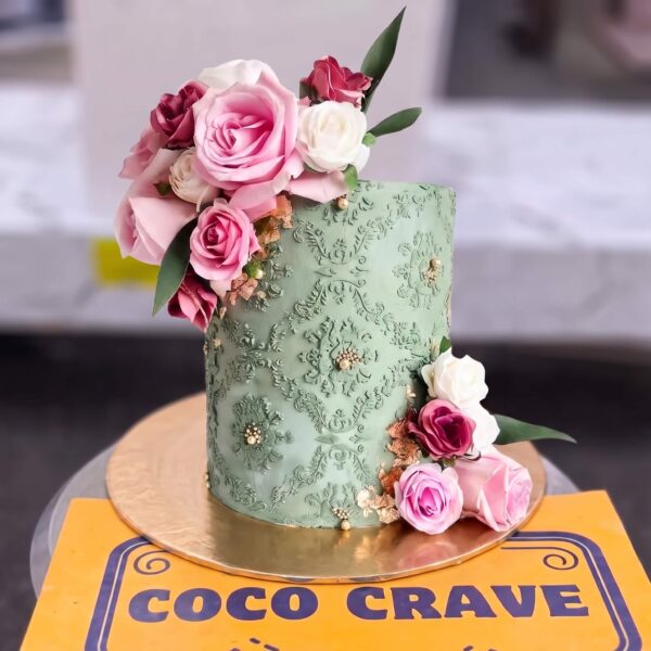 Sage Green Rose Embossed Cake in Lahore