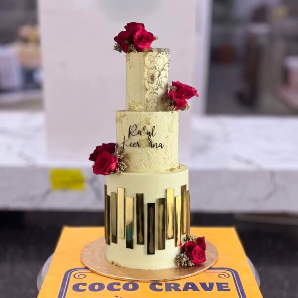 Ivory & Gold Fresh Rose Three Tier Cake in Lahore