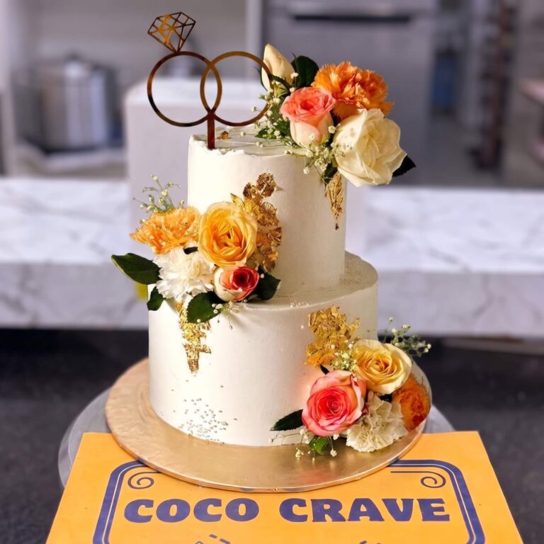Ivory & Gold Rose Fresh Flower Two Tier Cake in Lahore