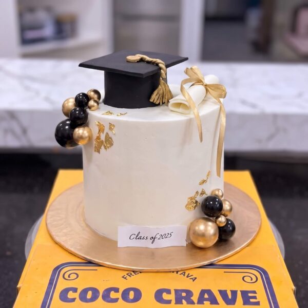 White Black Gold Graduation Cake in Lahore