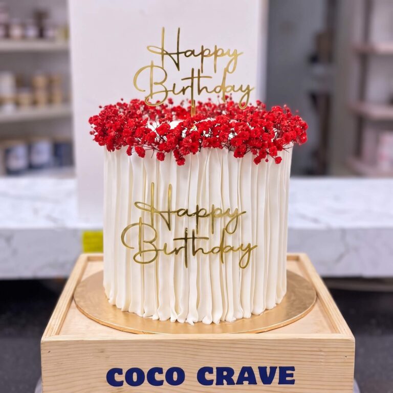 White Edible Waffle Paper Red Floral Birthday Cake in Lahore