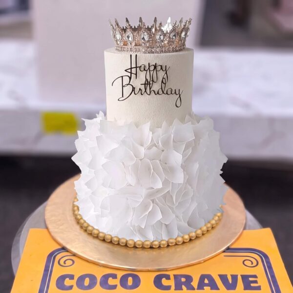 White Waffle Paper Ruffle Princess Crown Birthday Cake in Lahore