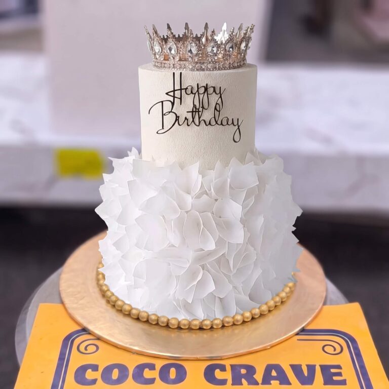 White Waffle Paper Ruffle Princess Crown Birthday Cake in Lahore