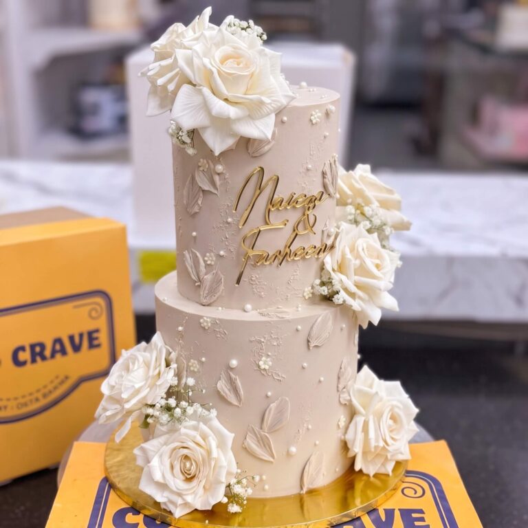 Ivory & Gold Rose Fresh Floral Two Tier Cake in Lahore